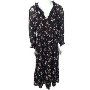 Madewell Botanical Floral Maxi Dress Womens Small Tiered Skirt Long Sleeve Black